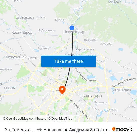 👋 Ул. Теменуга / Temenuga St. (2203) to Национална Академия За Театрално И Филмово Изкуство Кръстьо Сарафов map
