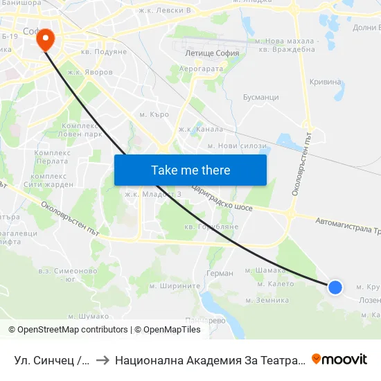 Ул. Синчец / Sinchets St. (2172) to Национална Академия За Театрално И Филмово Изкуство Кръстьо Сарафов map