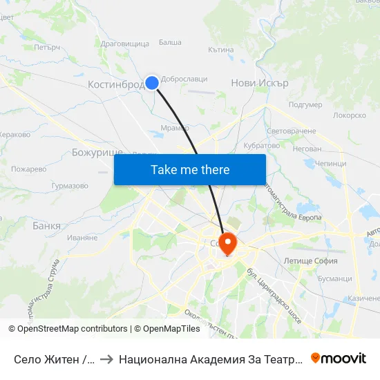 Село Житен / Zhiten Village (1534) to Национална Академия За Театрално И Филмово Изкуство Кръстьо Сарафов map