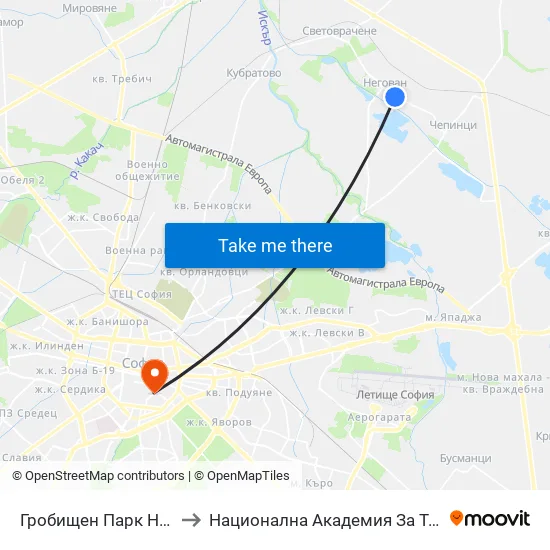 Гробищен Парк Негован / Negovan Cemetery (0508) to Национална Академия За Театрално И Филмово Изкуство Кръстьо Сарафов map