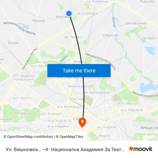 Ул. Вишновка / Vishnovka St. (2632) to Национална Академия За Театрално И Филмово Изкуство Кръстьо Сарафов map