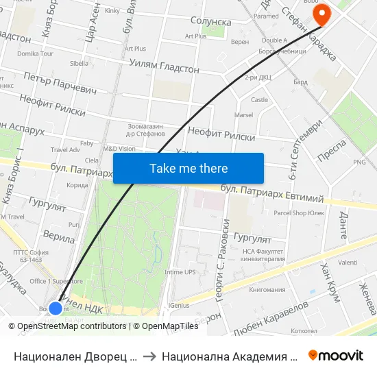 Ⓜ️ Национален Дворец На Културата / National Palace Of Culture (1134) to Национална Академия За Театрално И Филмово Изкуство Кръстьо Сарафов map