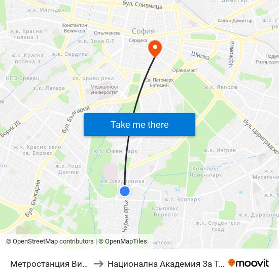 Метростанция Витоша / Vitosha Metro Station (2755) to Национална Академия За Театрално И Филмово Изкуство Кръстьо Сарафов map