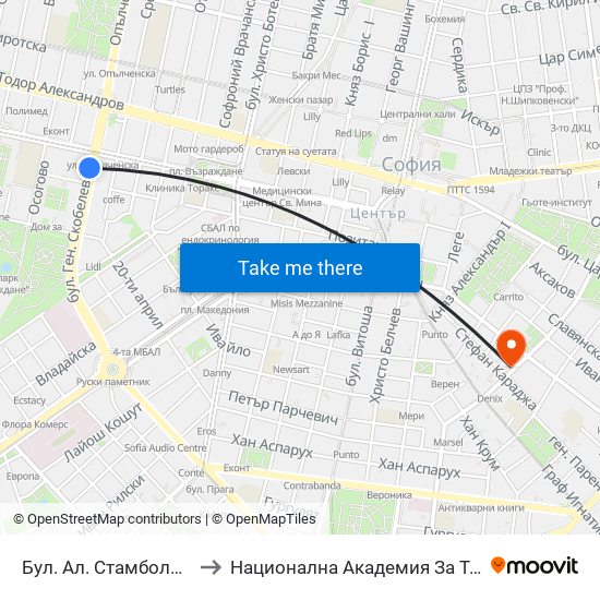 Бул. Ал. Стамболийски / Al. Stamboliyski Blvd. (0283) to Национална Академия За Театрално И Филмово Изкуство Кръстьо Сарафов map