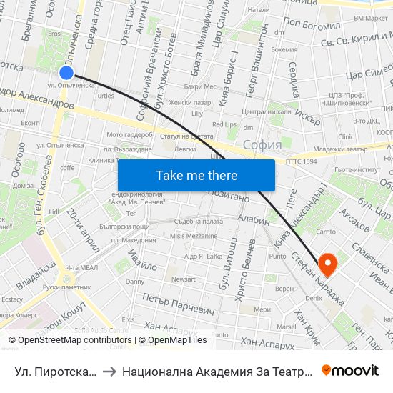 Ул. Пиротска / Pirotska St. (2111) to Национална Академия За Театрално И Филмово Изкуство Кръстьо Сарафов map