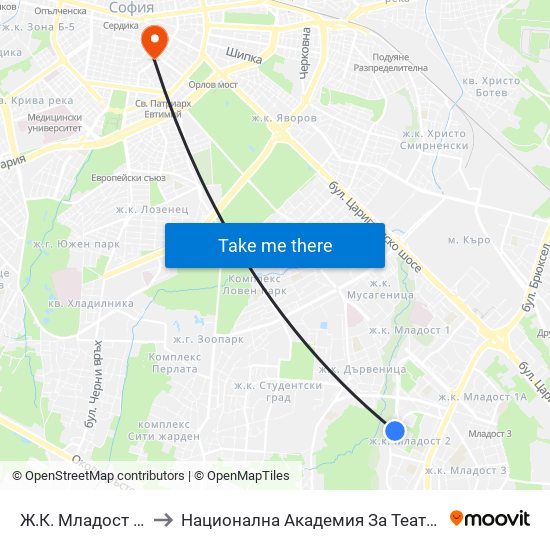 Ж.К. Младост 2 / Mladost 2 Qr. (0664) to Национална Академия За Театрално И Филмово Изкуство Кръстьо Сарафов map