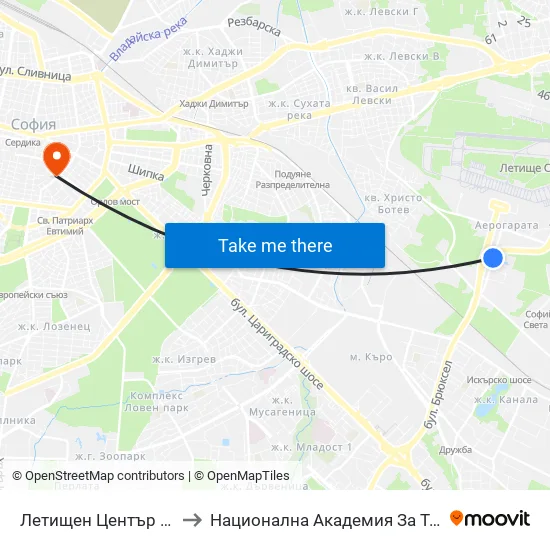 Летищен Център София / Sofia Airport Center (2798) to Национална Академия За Театрално И Филмово Изкуство Кръстьо Сарафов map