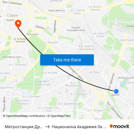 Ⓜ️ Метростанция Дружба / Druzhba Metro Station (0235) to Национална Академия За Театрално И Филмово Изкуство Кръстьо Сарафов map
