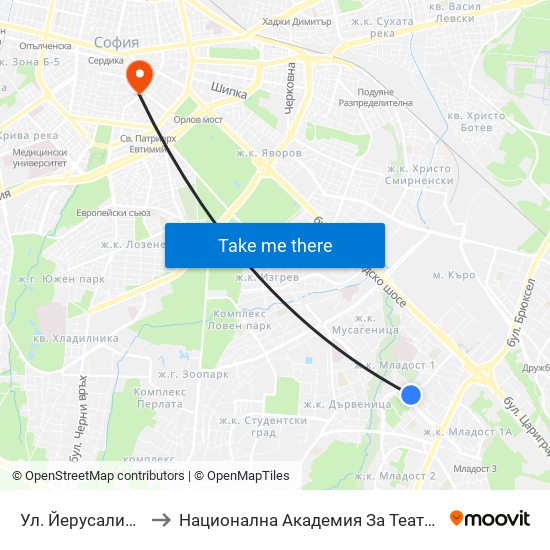 Ул. Йерусалим / Jerusalem St. (0447) to Национална Академия За Театрално И Филмово Изкуство Кръстьо Сарафов map