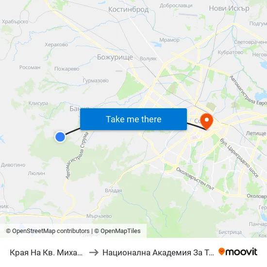Края На Кв. Михайлово / End Of Mihaylovo Qr. (0982) to Национална Академия За Театрално И Филмово Изкуство Кръстьо Сарафов map