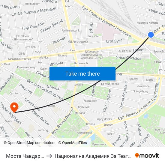 Моста Чавдар / Chavdar Bridge (1103) to Национална Академия За Театрално И Филмово Изкуство Кръстьо Сарафов map