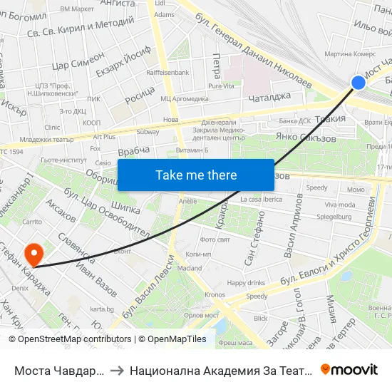 Моста Чавдар / Chavdar Bridge (1103) to Национална Академия За Театрално И Филмово Изкуство Кръстьо Сарафов map