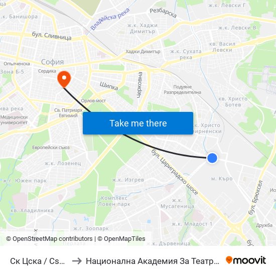 Ск Цска / Cska Sports Club (1152) to Национална Академия За Театрално И Филмово Изкуство Кръстьо Сарафов map