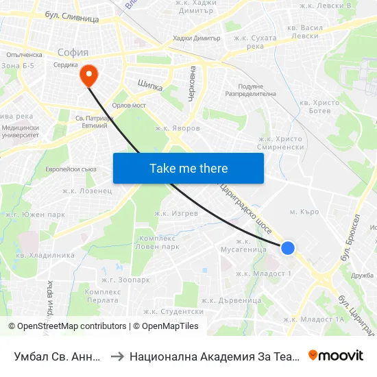Умбал Св. Анна / St. Anna Hospital (1192) to Национална Академия За Театрално И Филмово Изкуство Кръстьо Сарафов map