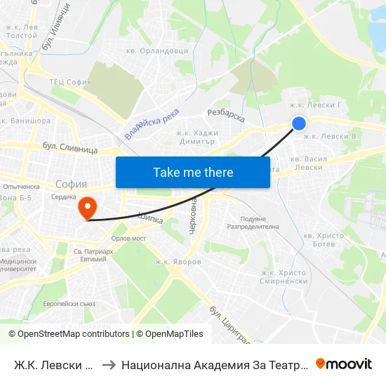 Ж.К. Левски В / Levski V Qr. (2125) to Национална Академия За Театрално И Филмово Изкуство Кръстьо Сарафов map