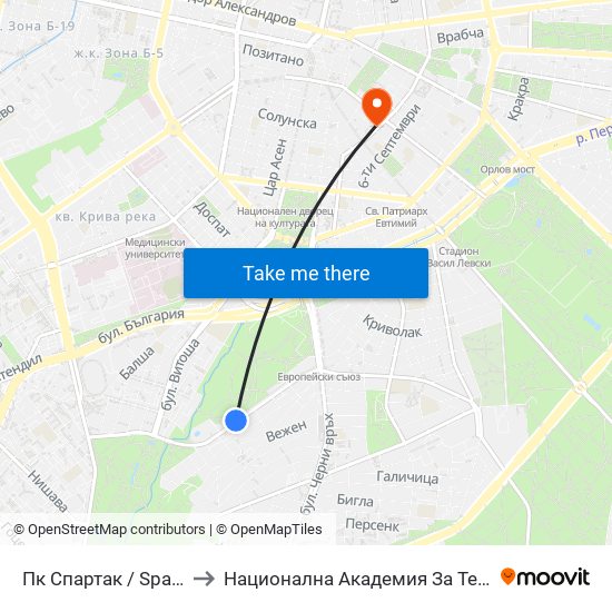 🏊🏻 Пк Спартак / Spartak Swimming Complex (0647) to Национална Академия За Театрално И Филмово Изкуство Кръстьо Сарафов map