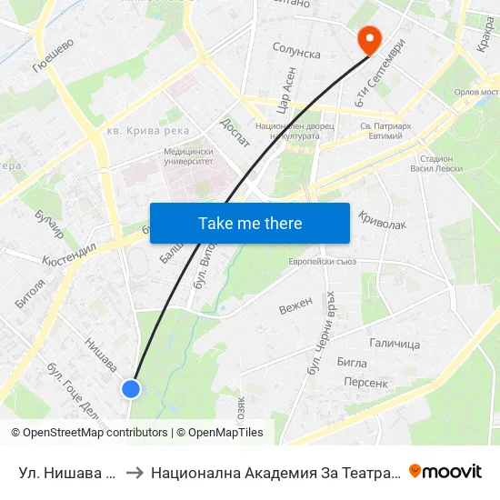Ул. Нишава / Nishava St. (2063) to Национална Академия За Театрално И Филмово Изкуство Кръстьо Сарафов map
