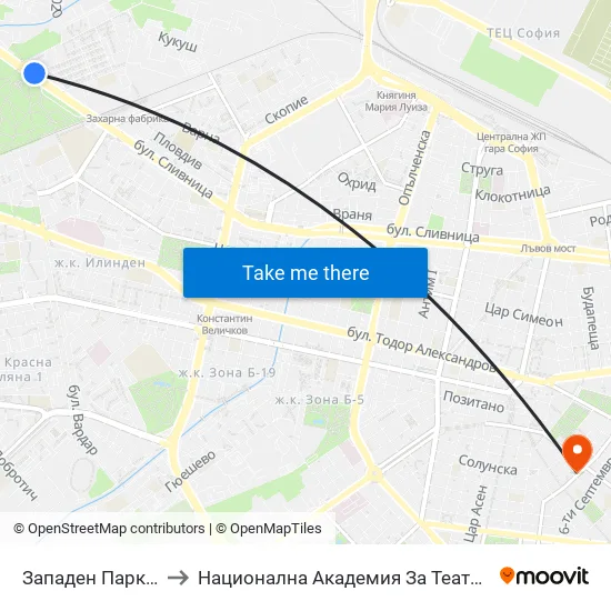 Западен Парк / Zapaden Park (1253) to Национална Академия За Театрално И Филмово Изкуство Кръстьо Сарафов map