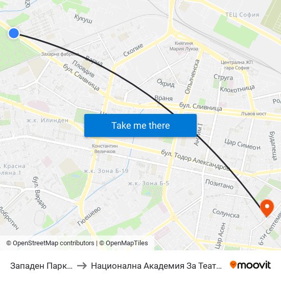 Западен Парк / Zapaden Park (1251) to Национална Академия За Театрално И Филмово Изкуство Кръстьо Сарафов map