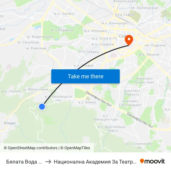 Бялата Вода / Byalata Voda (6068) to Национална Академия За Театрално И Филмово Изкуство Кръстьо Сарафов map