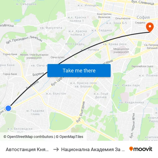 🚌 Автостанция Княжево / Knyazhevo Bus Station (6035) to Национална Академия За Театрално И Филмово Изкуство Кръстьо Сарафов map