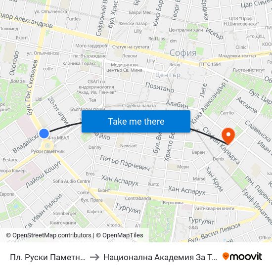 Пл. Руски Паметник / Russian Monument Sq. (1300) to Национална Академия За Театрално И Филмово Изкуство Кръстьо Сарафов map