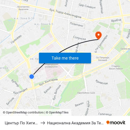 Център По Хигиена / Centre Of Hygiene (2342) to Национална Академия За Театрално И Филмово Изкуство Кръстьо Сарафов map