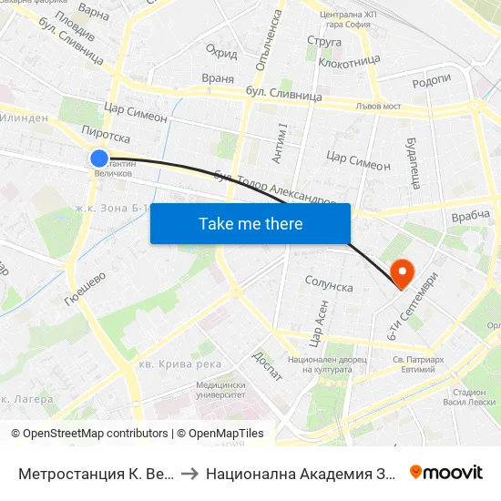 Ⓜ️ Метростанция К. Величков / K. Velichkov Metro Station (1051) to Национална Академия За Театрално И Филмово Изкуство Кръстьо Сарафов map