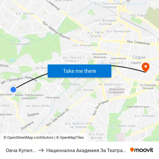 Овча Купел 2 / Ovcha Kupel 2 to Национална Академия За Театрално И Филмово Изкуство Кръстьо Сарафов map
