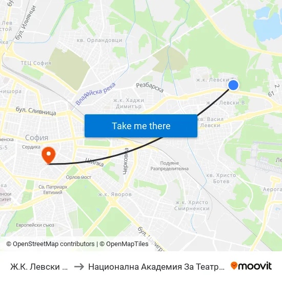 Ж.К. Левски Г / Levski G Qr (6600) to Национална Академия За Театрално И Филмово Изкуство Кръстьо Сарафов map