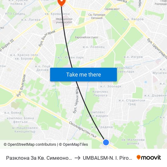 Разклона За Кв. Симеоново / Fork Road To Simeonovo Qr. (1458) to UMBALSM-N. I. Pirogov (УМБАЛСМ-Н. И. Пирогов) map