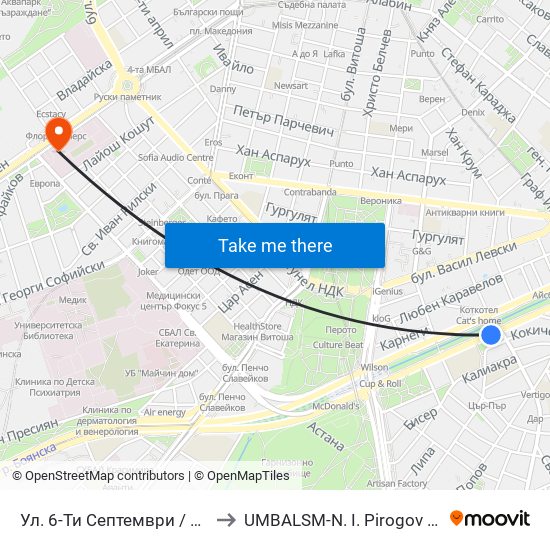 Ул. 6-Ти Септември / Shesti Septemvri St. (1807) to UMBALSM-N. I. Pirogov (УМБАЛСМ-Н. И. Пирогов) map