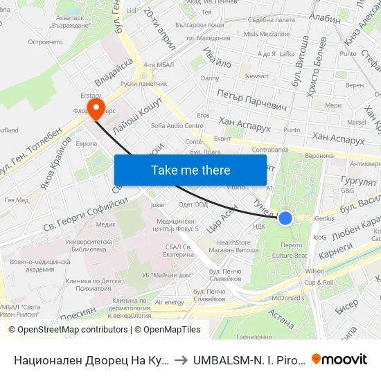 Ⓜ️ Национален Дворец На Културата / National Palace Of Culture (1139) to UMBALSM-N. I. Pirogov (УМБАЛСМ-Н. И. Пирогов) map