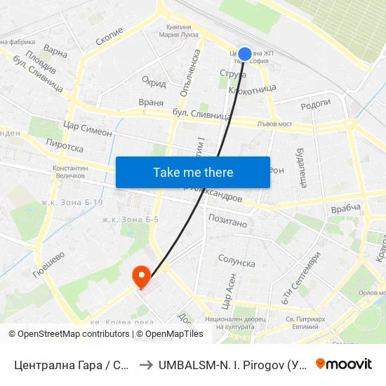 Централна Гара / Central Railway Station to UMBALSM-N. I. Pirogov (УМБАЛСМ-Н. И. Пирогов) map