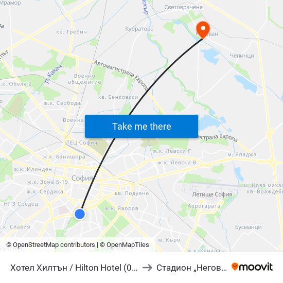 Хотел Хилтън / Hilton Hotel (0397) to Стадион „Негован“ map