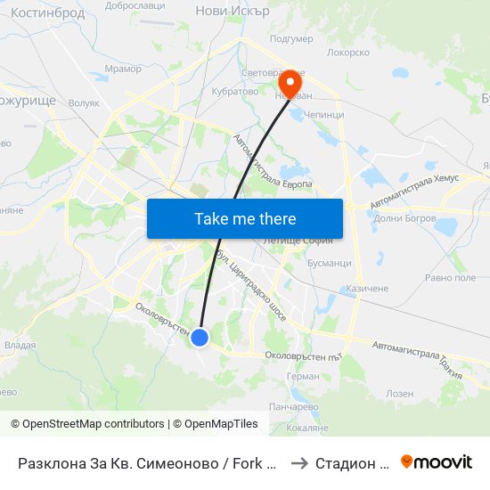 Разклона За Кв. Симеоново / Fork Road To Simeonovo Qr. (1458) to Стадион „Негован“ map