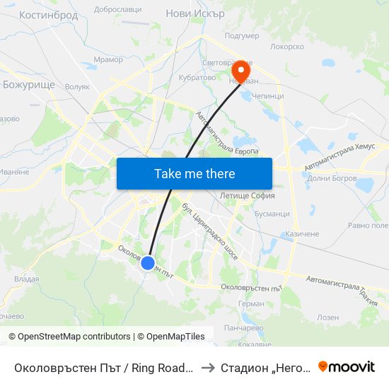 Околовръстен Път / Ring Road (1177) to Стадион „Негован“ map