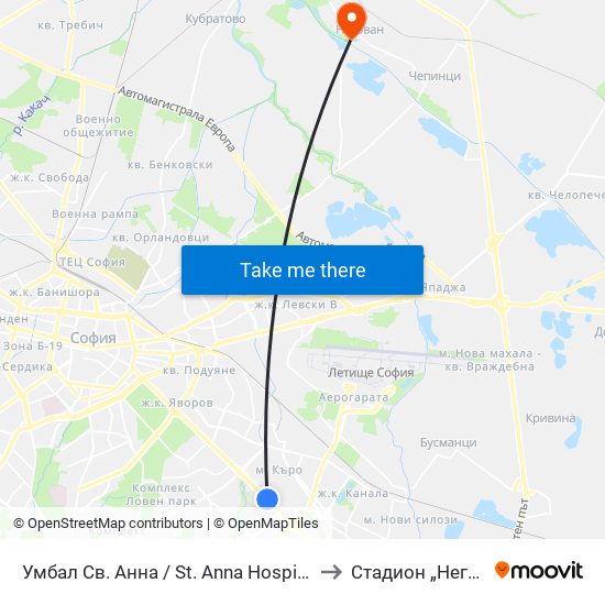 Умбал Св. Анна / St. Anna Hospital (1194) to Стадион „Негован“ map