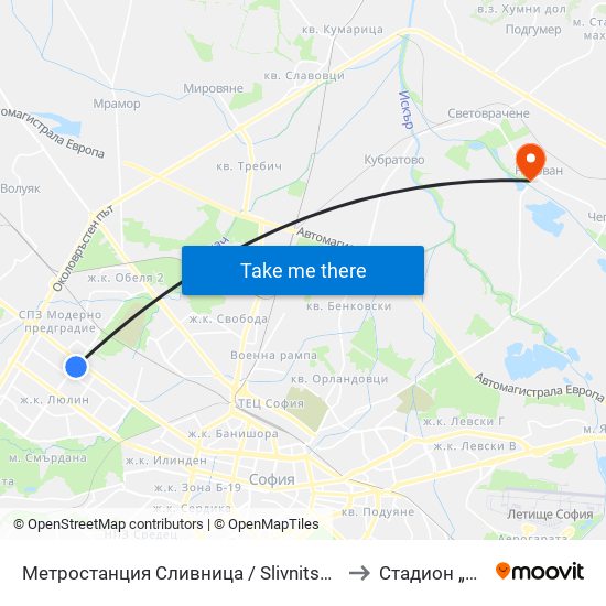 Метростанция Сливница / Slivnitsa Metro Station (1063) to Стадион „Негован“ map