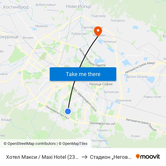 Хотел Макси / Maxi Hotel (2321) to Стадион „Негован“ map