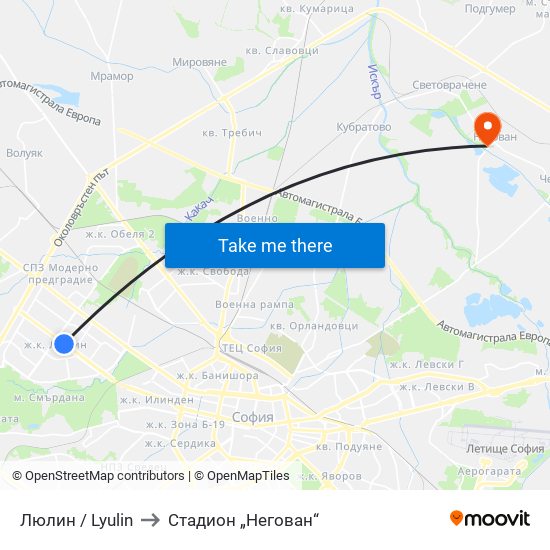 Люлин / Lyulin to Стадион „Негован“ map