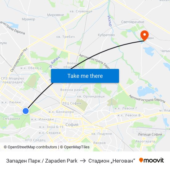 Западен Парк / Zapaden Park to Стадион „Негован“ map