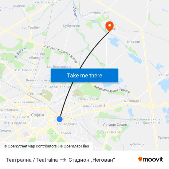 Театрална / Teatralna to Стадион „Негован“ map