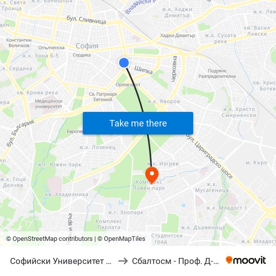 Софийски Университет / Sofia University (1698) to Сбалтосм - Проф. Д-Р Димитър Шойлев map