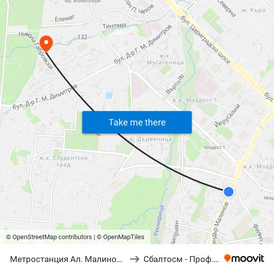 Метростанция Ал. Малинов / Al. Malinov Metro Station (0169) to Сбалтосм - Проф. Д-Р Димитър Шойлев map
