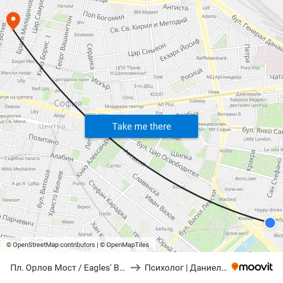 Ⓜ️ Пл. Орлов Мост / Eagles' Bridge Sq. (1290) to Психолог | Даниела Кръстева map