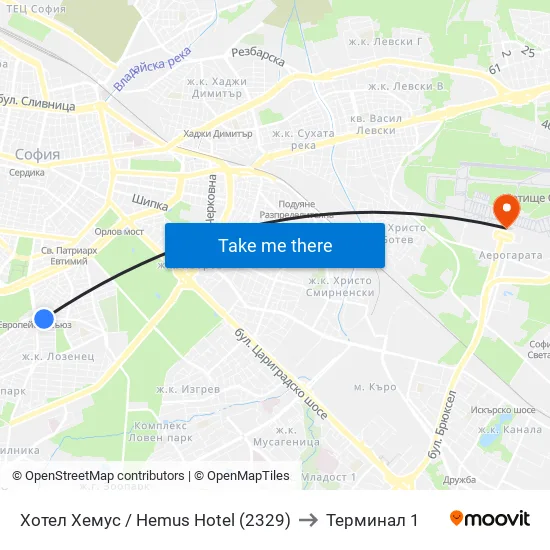 Ⓜ️ Хотел Хемус / Hemus Hotel (2329) to Терминал 1 map