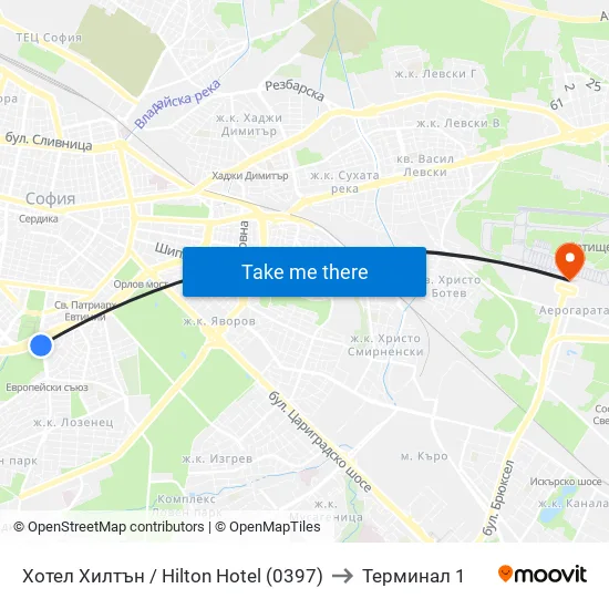 Хотел Хилтън / Hilton Hotel (0397) to Терминал 1 map