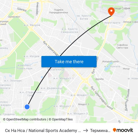 Ск На Нса / National Sports Academy (1609) to Терминал 1 map