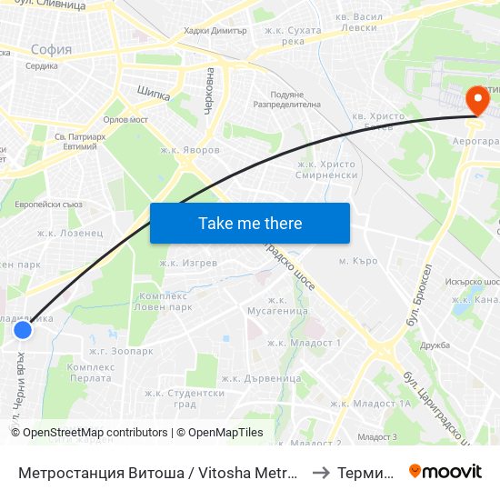 Метростанция Витоша / Vitosha Metro Station (2654) to Терминал 1 map